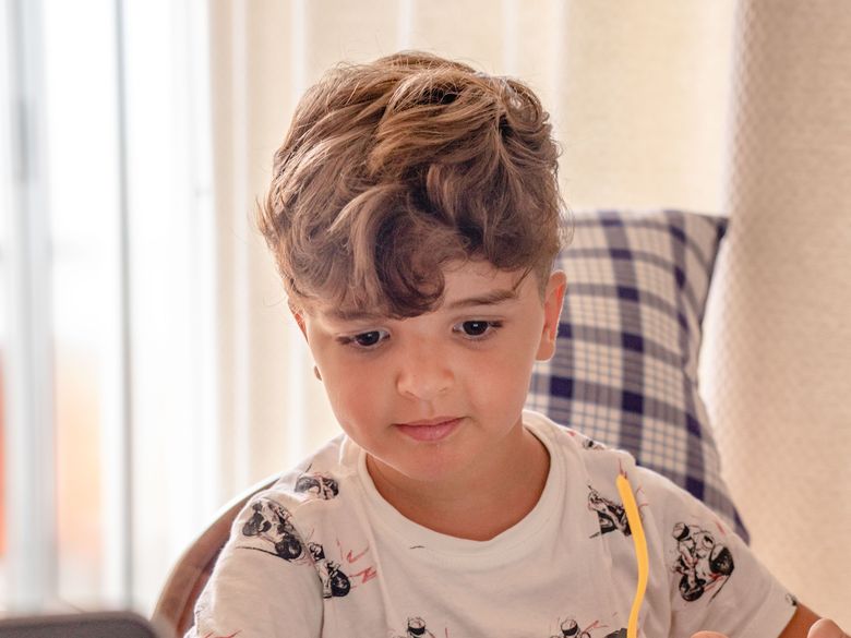 A happy young learner reading at home